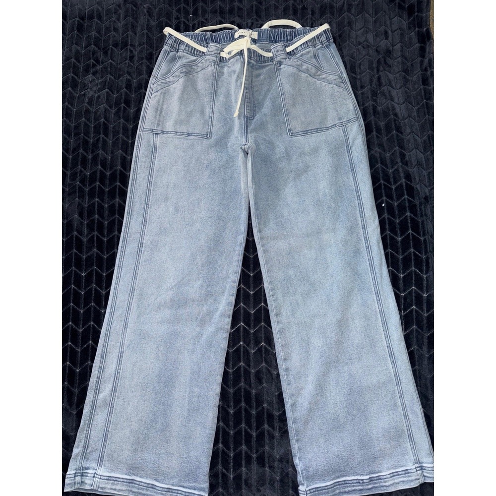 Risen Blue Denim Utility Pocket High Rise Wide Leg Elastic Waistband Size 1XL